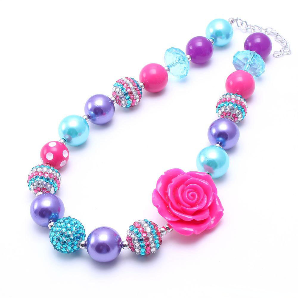 Teal+Hot Pink Kid Chunky Necklace Bracelet Set Big Rose Flower Children Girl Toddler Bubblegum Chunky Bead Necklace Jewelry Set