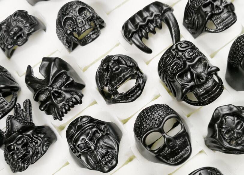 Promotion price Mixed style Mixed size Gothic Skull Rings Men's Black Skull Ring Punk Rings For Men s Fashion Jewelry in Bulk