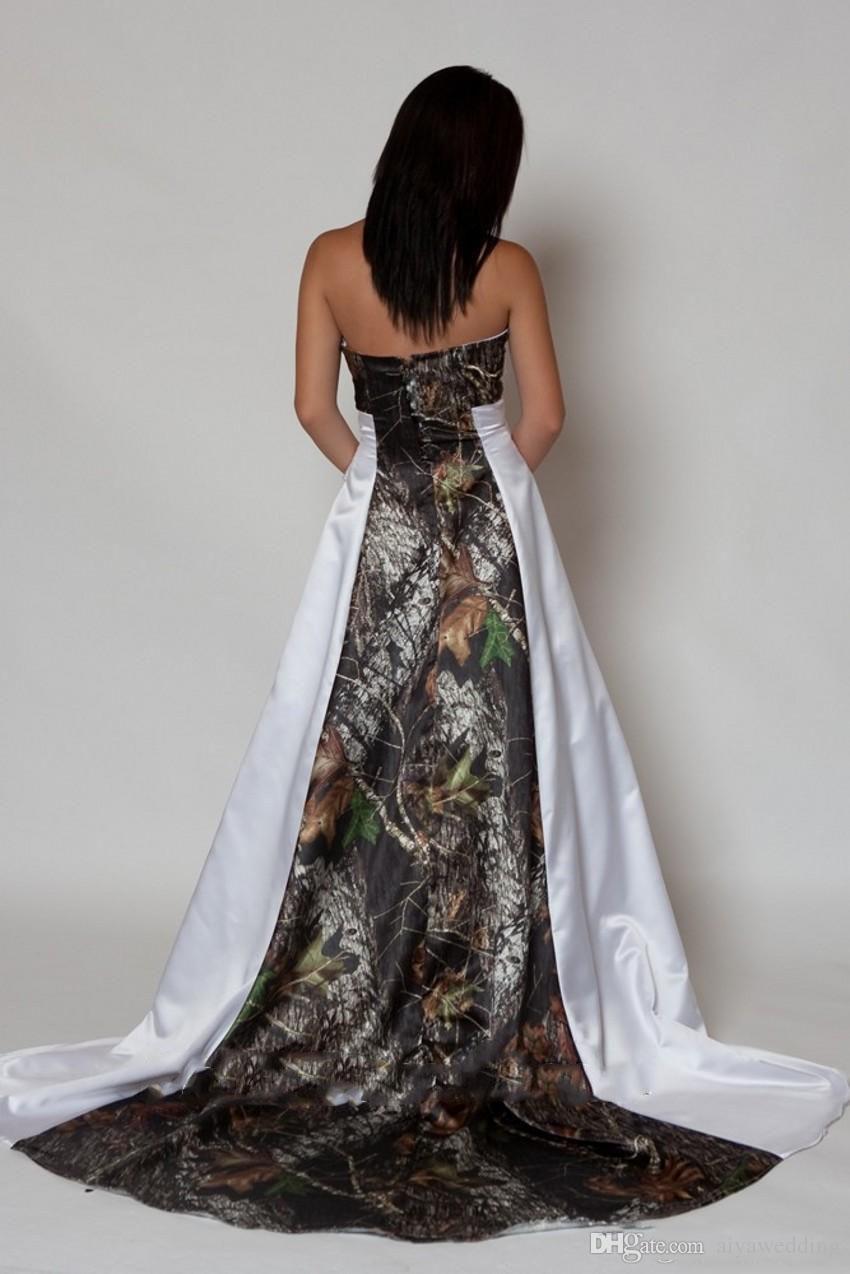 Strapless Camo Wedding Dress with Pleated Empire Waist A line Sweep Train Satin Country Beach Bridal Gowns Plus Size Cheap Custom Made