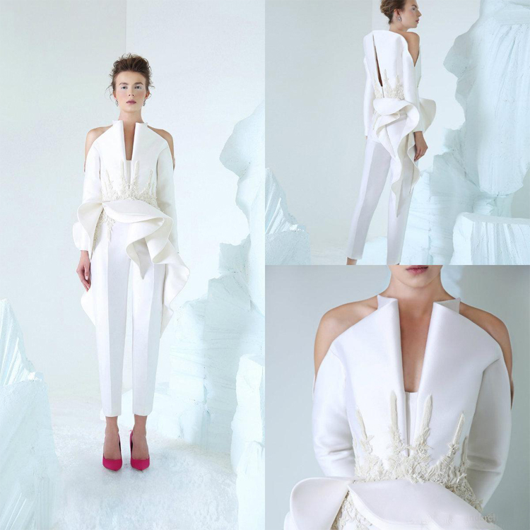 2019 Unique Design White Evening Dresses V Neck Long Sleeves Lace Appliques Beads Custom Made Prom Bridal Dress Engagement Gowns