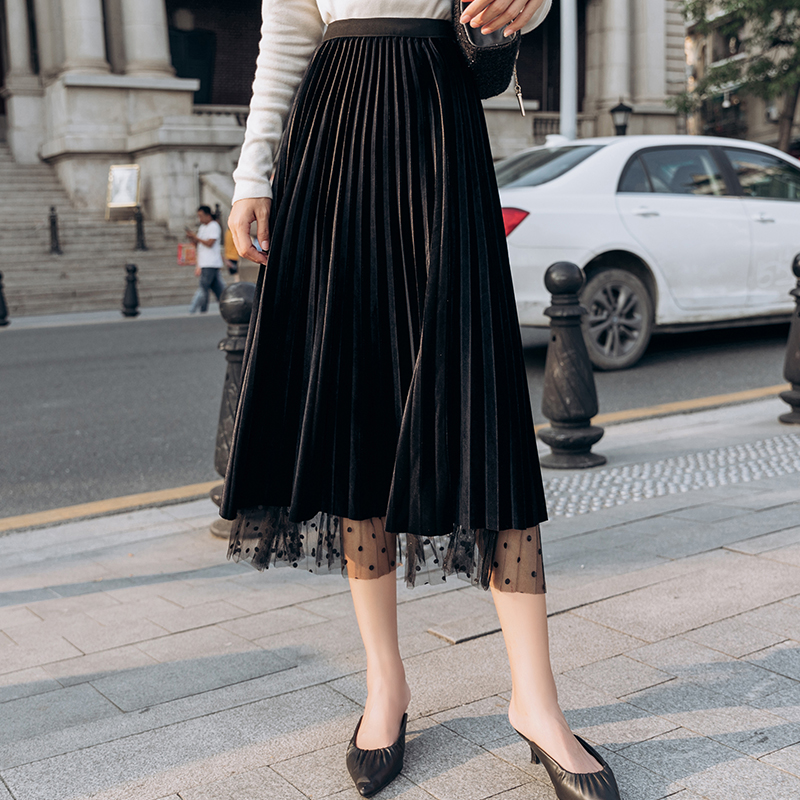 Women Long Skirt Polka Dot Mesh Both Sides Velvet Wear Pleated A Word Skirts Blue Black Champagne 9613
Women Long Skirt Polka Dot Mesh Both Sides Velvet Wear Pleated A Word Skirts Blue Black Champagne 9613
