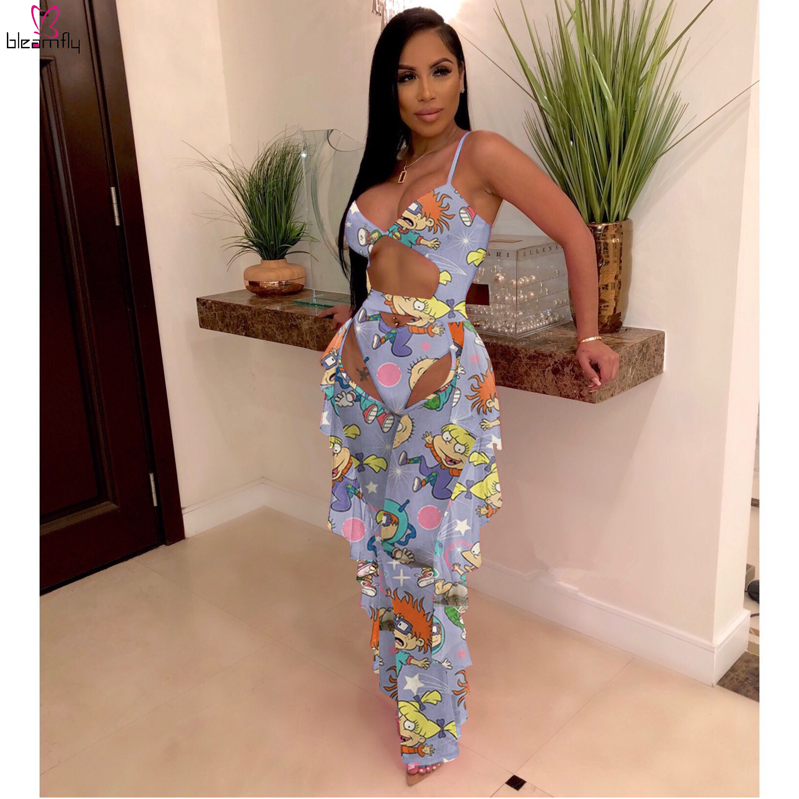 Sheer Mesh Cartoon Character Two Piece Tracksuit Spaghetti Strap Overall And Ruffles Spliced Wide Leg Pant Club Outfit