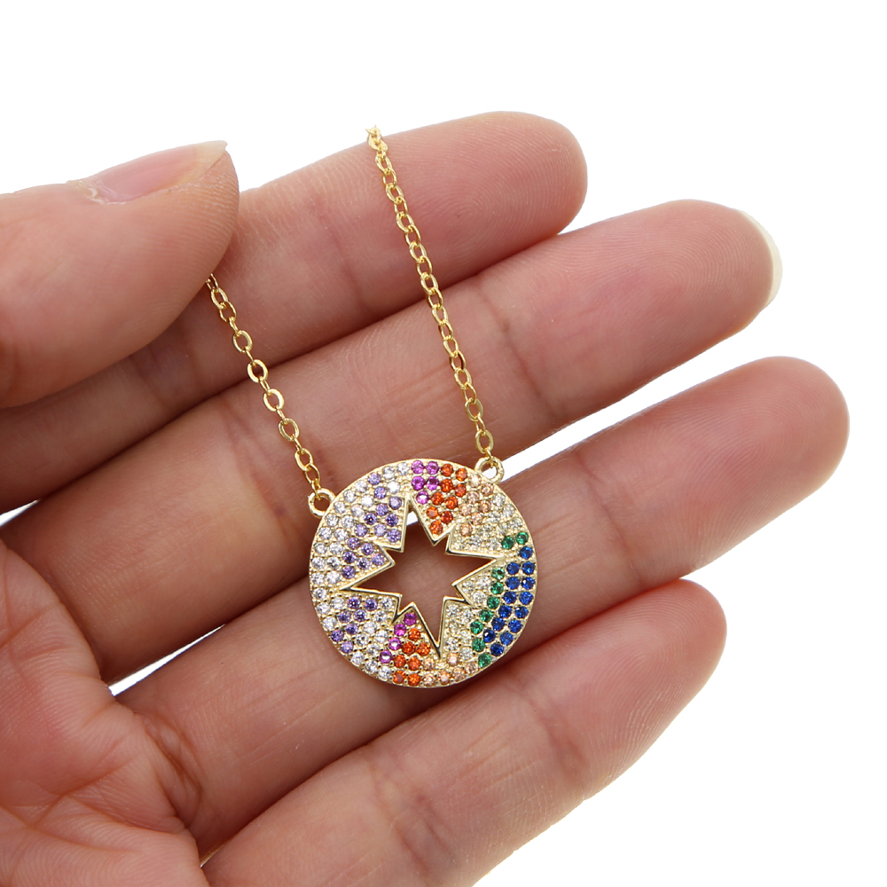 Gold plated high quality micro pave cz north star engraved rainbow colorful zirconia fashion women necklace