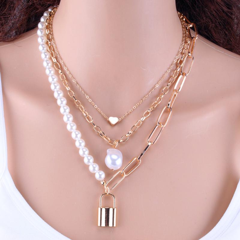 

Pendant Necklaces DIEZI Fashion Heart Lock Chain Choker Women Elegant Baroque Imitation Pearls Necklace Statement Collar Jewelry