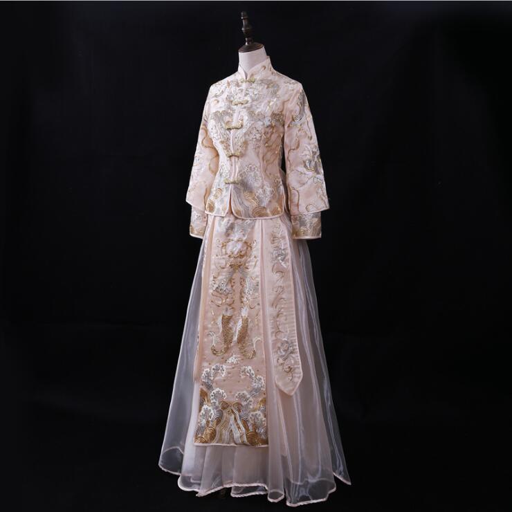 Champagne Light Cheongsam Wedding Gown Summer Slim Bride Outdoor Traditional Chinese Style Wedding Dress Su Embroidery clothing