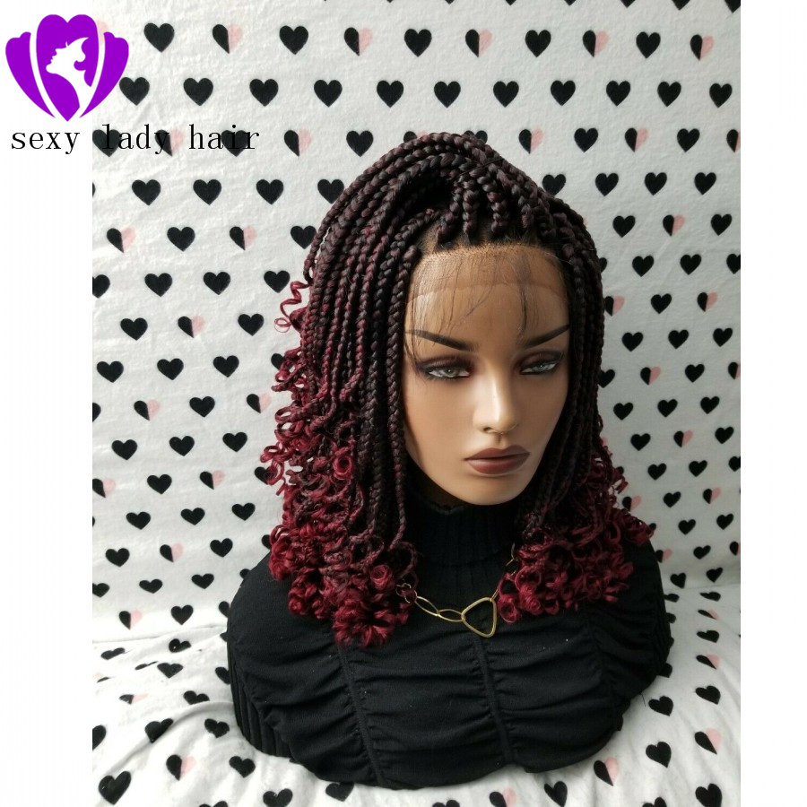 Handmade 14inch Box Braid Braided Lace Front Wig With Curly Ends Color 1b/Burgundy Red Ombre color short braiding hair wigs for black women