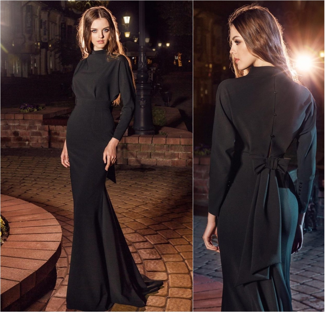 Black Papilio Evening Dresses 2020 High Neck Modest Long Sleeve Mermaid Prom Dress Satin Elegant Cocktail Party Gowns