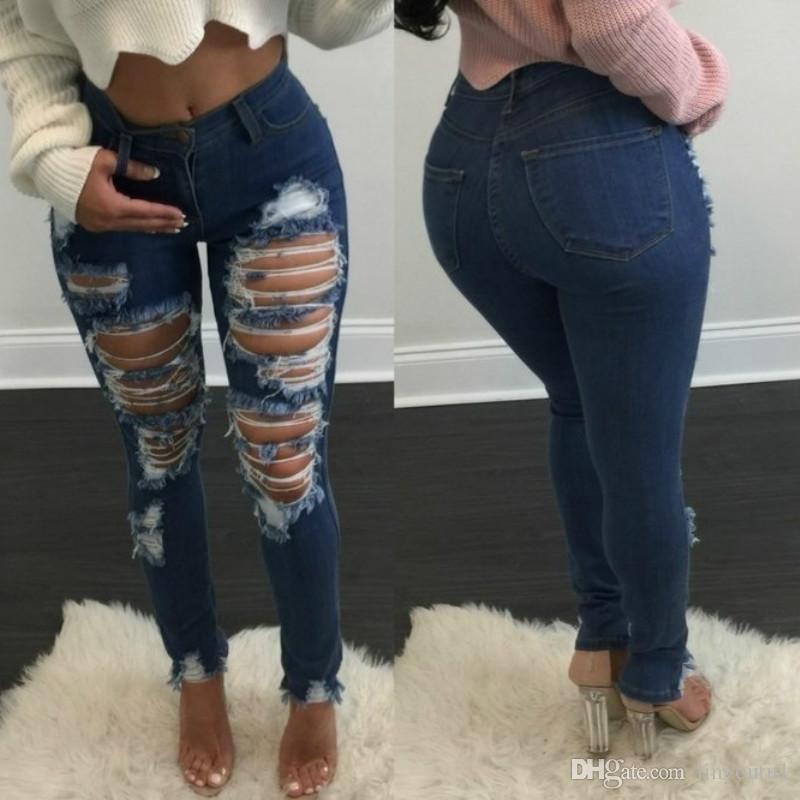2020 Women 's Fashion Ripped Jeans for Women Big Hole Ladies Long Skinny Jeans Long Jeans Pencil Stretch Butt Lift Pencil Pants S-XXL