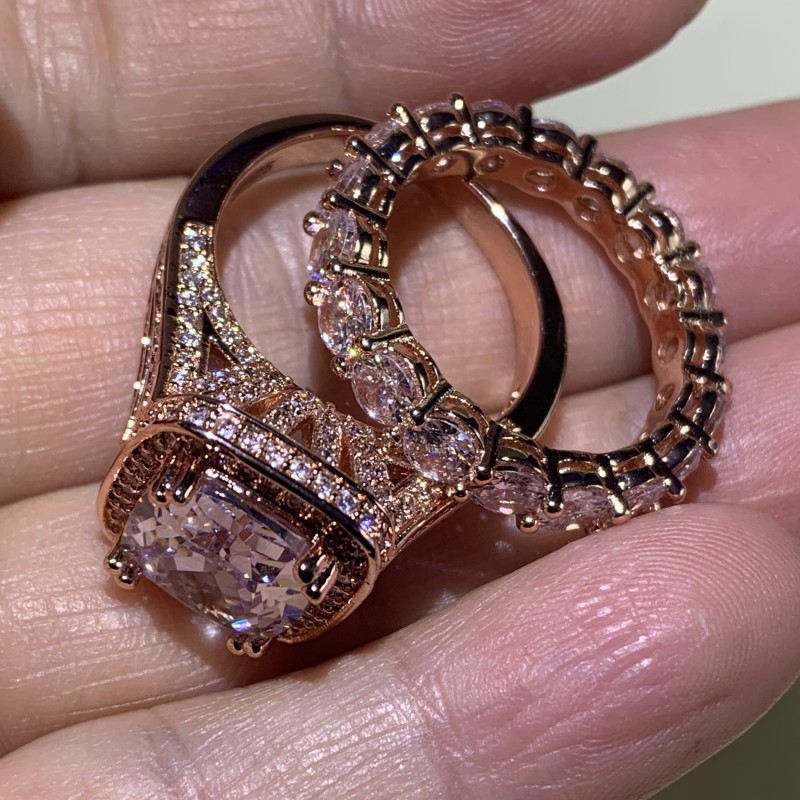 New Arrival Stunning Luxury Jewelry 925 Sterling Silver&Rose Gold Fill Cushion Shape White Topaz CZ Diamond Women Wedding Bridal Ring Set