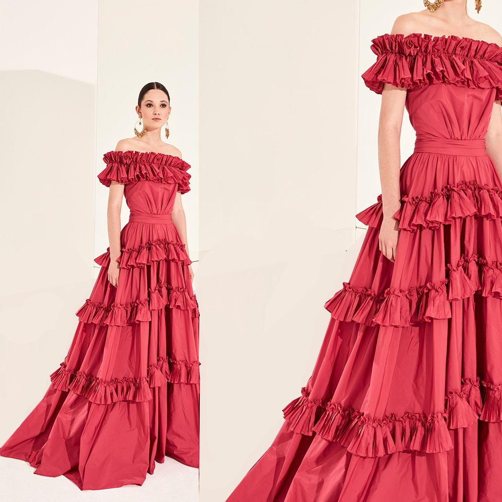 Red Evening Dresses Off Shoulder Tiered Ruffles A Line Prom Dress Backless Party Formal Sweep Train Gowns