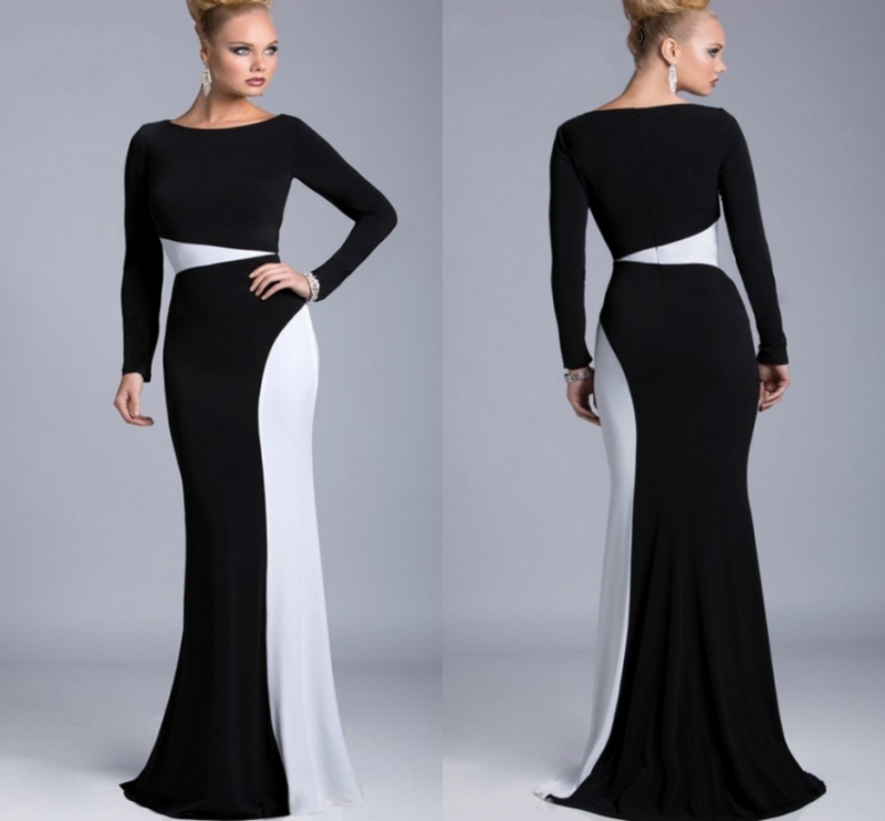 2020 Elegant Black and White Long Satin Formal Evening Dress Arabic Dubai Long Sleeve Mermaid Party Evening Gowns robe de soiree