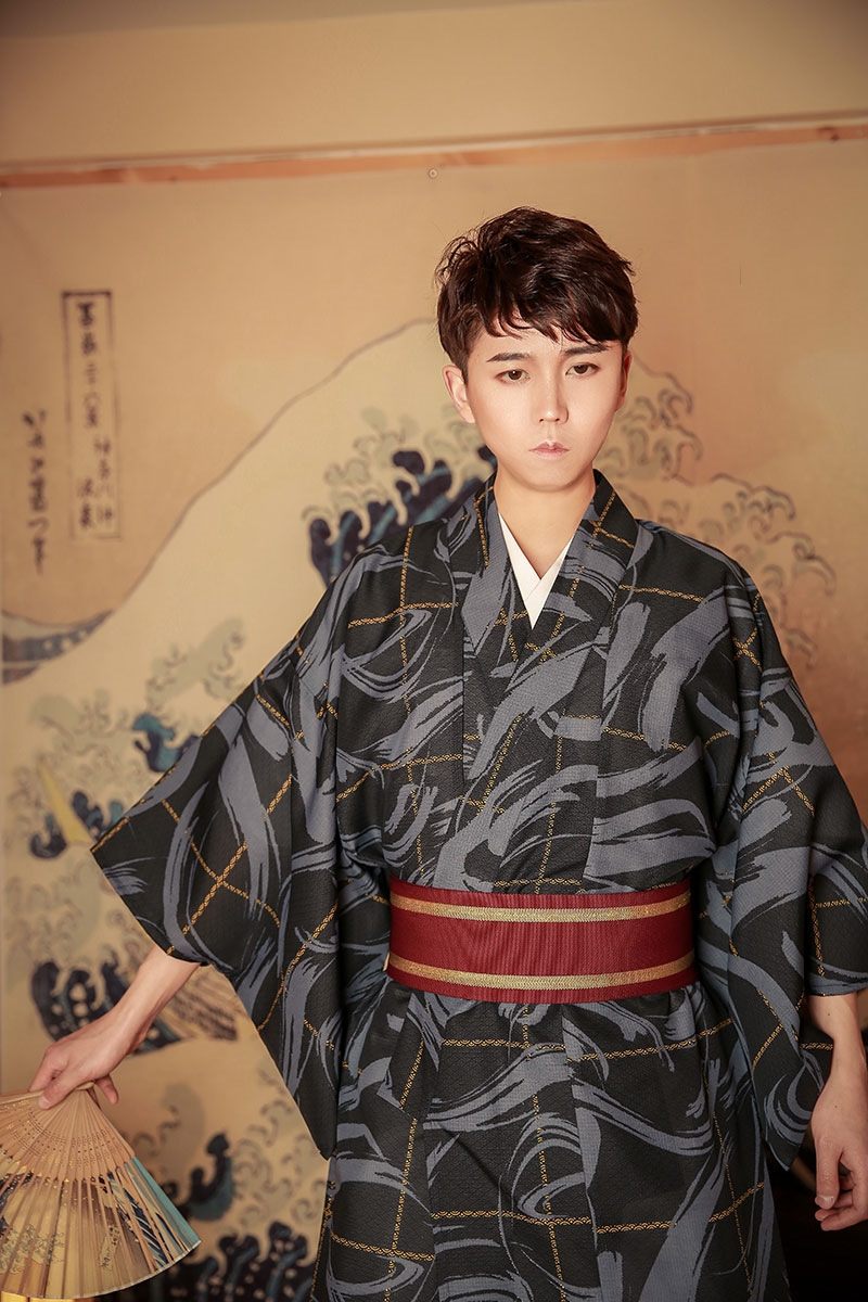 Formal Party Costume Standard Kimono Japan bathrobe Black Male Cotton Kimono Flower Vintage Asian Folk Clothing Cosplay One size