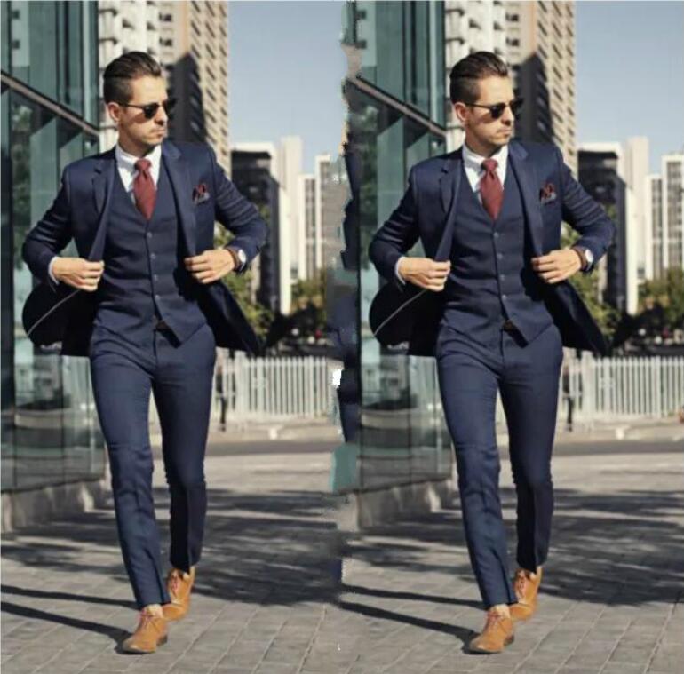 New Design Navy Mens Suits For Groom Tuxedos 2020 Peaked Lapel Slim Fit Blazer Three Piece One Button Man Tailor Made Clothing