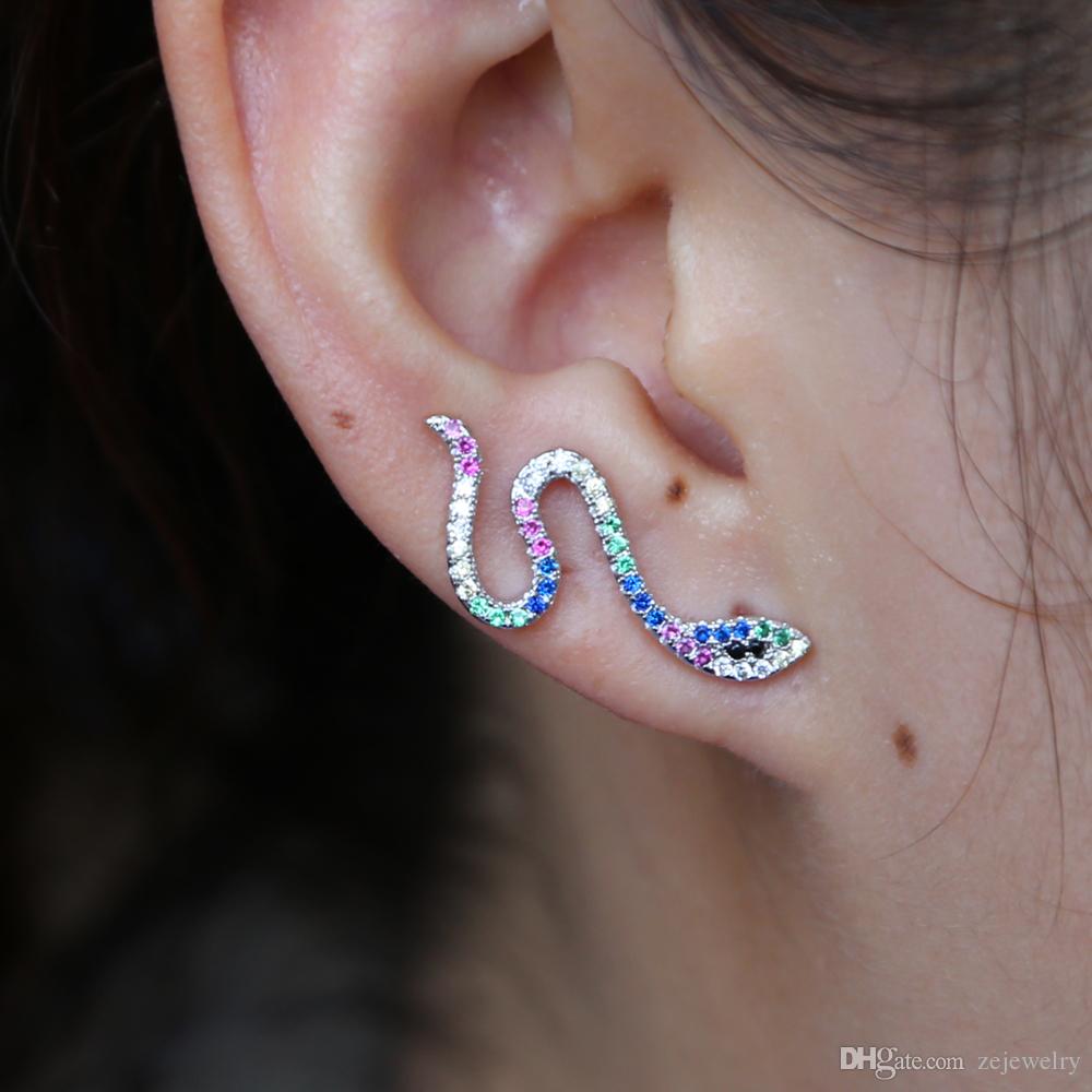 2018 New european jewelry earring for lady girl colorful micro pave cubic zirconia rainbow ear climber snake shaped fashion CZ earrings