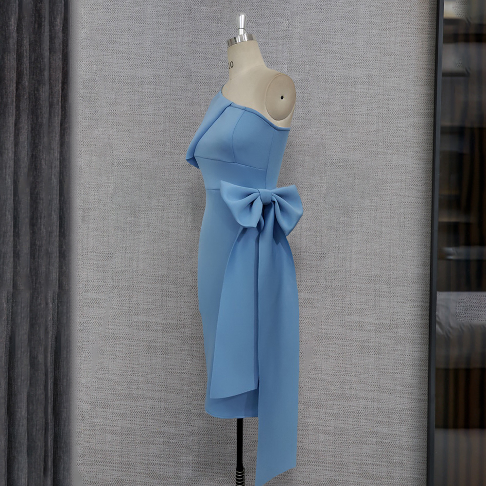 Women Bodycon Dresses One Shoulder with Bowtie Waist Belt Light Blue Dress Elegant Slim Vestido African Event Celebrate Occasion MX200518
