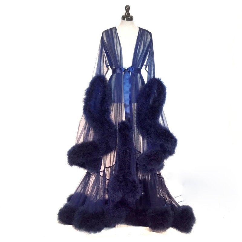 Luxury Fur Bride Sleepwear Robes Custom Made Sheer Long Sleeves Women Sexy Sleepwear Dresses Floor Length