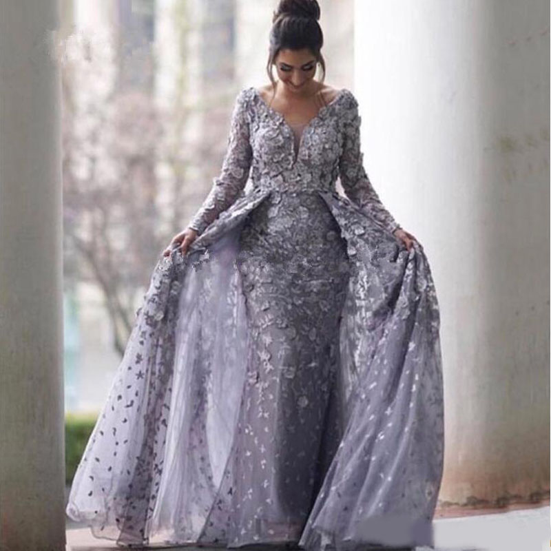 2020 Saudi Arabic Gray Muslim Evening Dresses 2020 Mermaid V-neck Long Sleeves Tulle Lace Islamic Dubai Long Formal Evening Gown