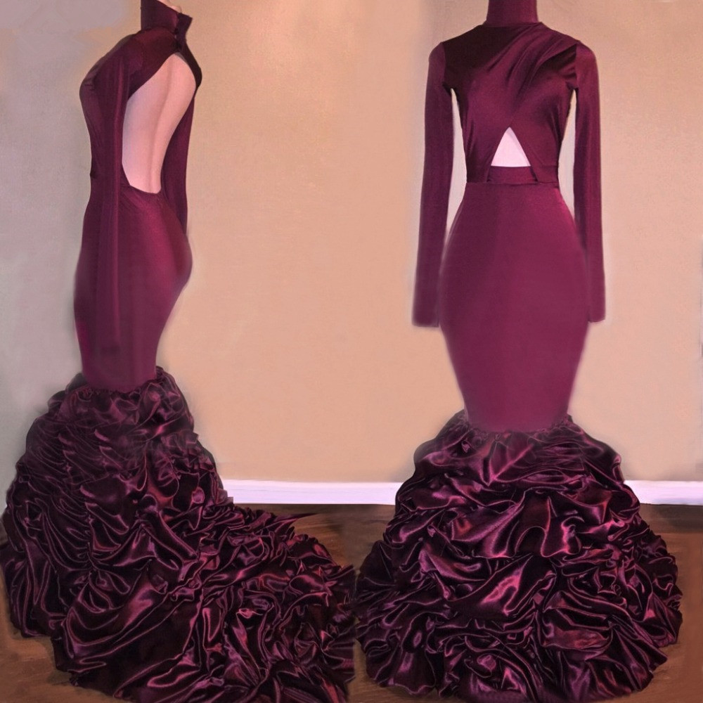 Long Prom Dresses Gorgeous High Neck Cut-Out Front Mermaid Long Sleeve African Backless Burgundy Pleated evening dress wear