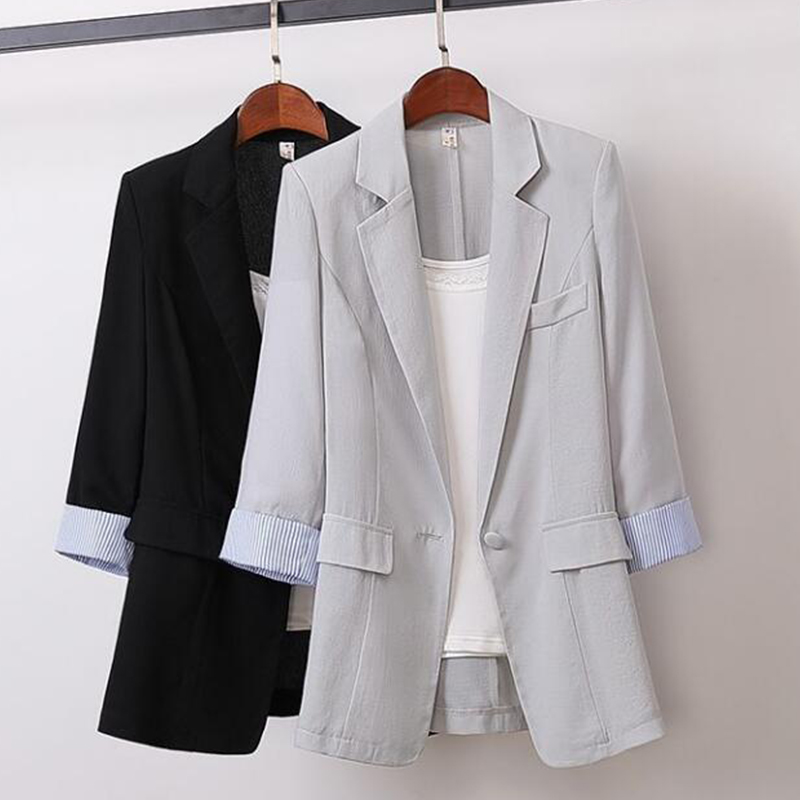 Spring Blazers Women Summer Korean Cotton Linen Slim Patchwork Striped Large Size Blazer Work Wear Single Button Coat F61210, Black
Spring Blazers Women Summer Korean Cotton Linen Slim Patchwork Striped Large Size Blazer Work Wear Single Button Coat F61210, Black