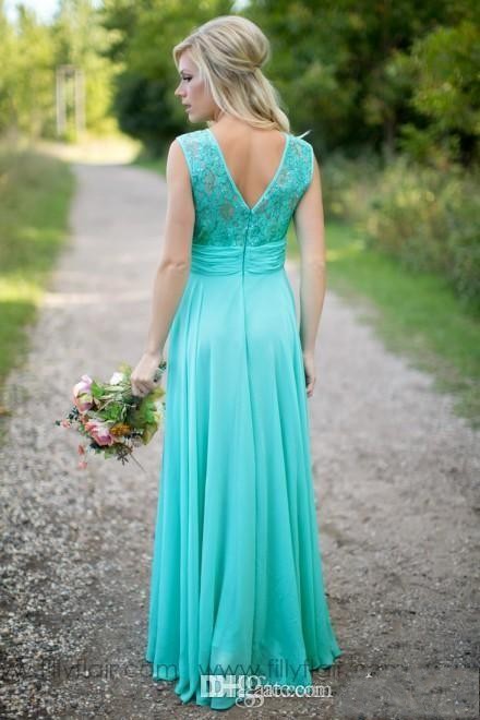Teal Country Turquoise Bridesmaid A Line Chiffon Lace V Backless Long Cheap Bridesmaids Dresses For Wedding Guest Gowns