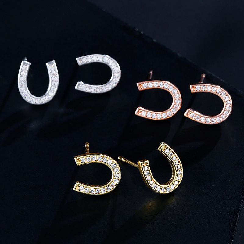 New Fashion Fine Quality White Gold CZ Zircon Horseshoe U Letter Stud Earrings Girls Creative Tiny Earring Studs Jewelry Gifts Wholesale