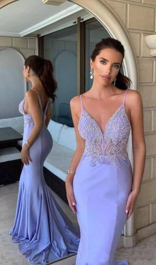 Spaghetti Sweep Train Major Beading Arabic Long Formal Evening Party Gowns Special Occasion Dress Lavender Mermaid Prom Dresses
