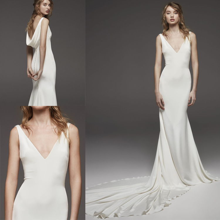 Simple Bohemian Mermaid Wedding Dresses Satin Sexy Deep V Neck Backless Beach Boho Bridal Gowns Court Train Bride Dress