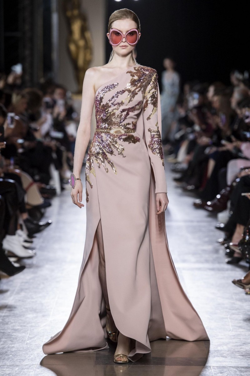 Elie Saab 2020 Split Slit Evening Dresses Pink Mermaid Sequined Beads One Shoulder Prom Gowns Satin Long Sleeve Party Dress