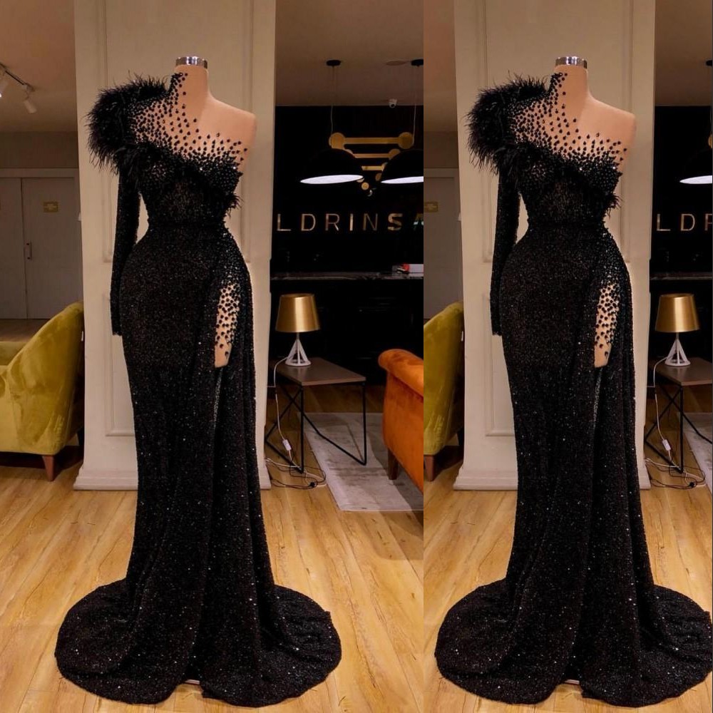 Sexy Black Sequined Lace Long Sleeve Feather Prom Crystal Beads Illusion Mermaid High Side Split Formal Party Evening Dresses Wear Sweep Train