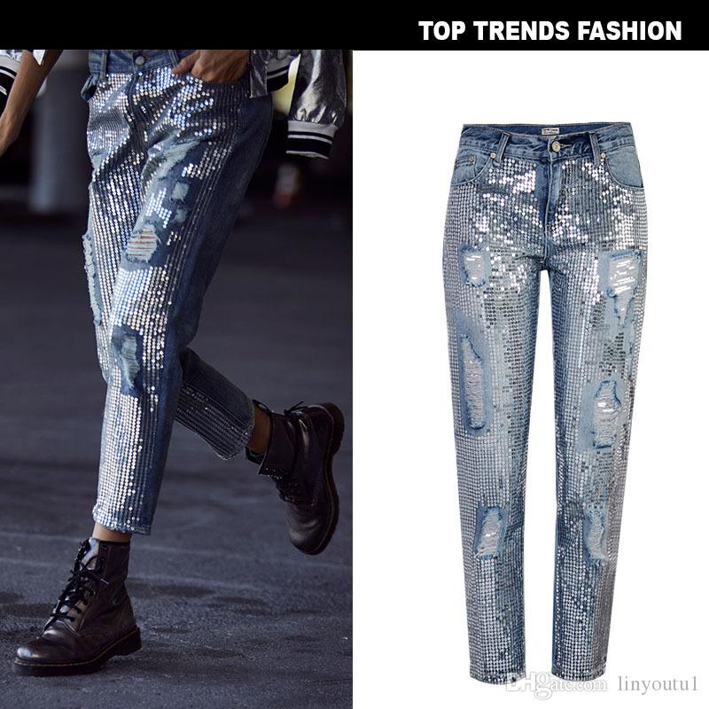 2020 Vintage Sequins Mom Jeans Boyfriend Ripped Jeans For Women Skinny Jeans Woman High Wais Denim Loose Large Sizes Female