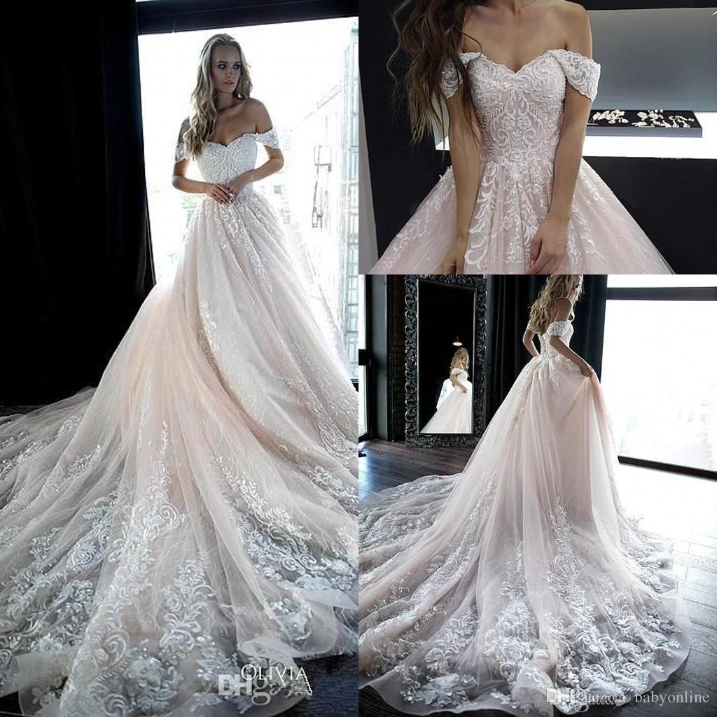 A Line Elegant Dresses Blush Pink Off Shoulder Appliques Backless Bohemian Bride Wedding Dress Bridal Gowns Boho Vestidso De Noiva ppliques