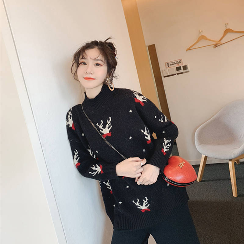 2019 autumn and winter new Christmas elk red half-neck sweater women loose thin long-sleeved bottoming sweater, Beige
2019 autumn and winter new Christmas elk red half-neck sweater women loose thin long-sleeved bottoming sweater, Beige