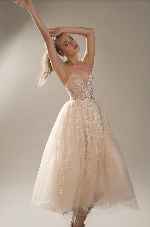 2019 Short Wedding Dresses Spaghetti Lace Sequins Applique Bohemian Champagne Wedding Dress A Line Cheap Bridal Gowns Boho Style