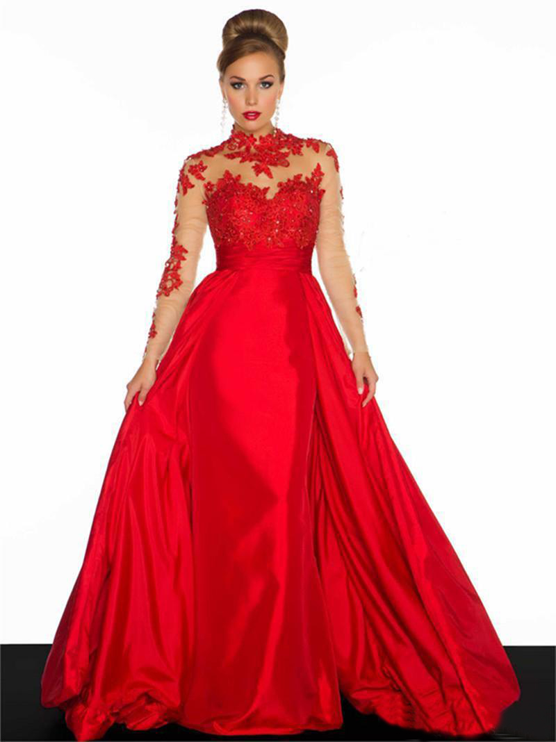 Sheer Style Red Prom Dresses Long High Neck Lace Taffeta A-Line Applique Long Sleeve Backless Formal Evening Gowns Hot Sales Custom