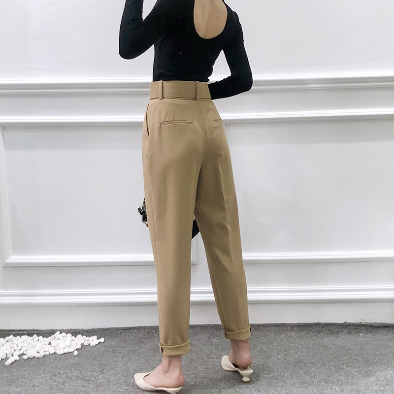 Office Lady Black Suit Pants with Belt Women High Waist Solid Long Trousers Fashion Pockets Pants Trousers Pantalones LY191202