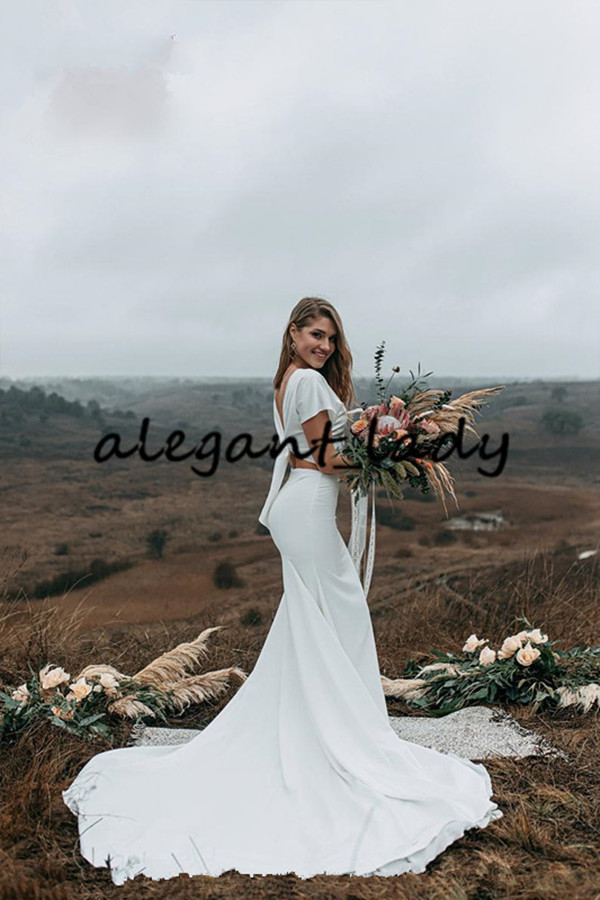 Silk Crepe Boho Wedding Dresses 2021 Modern Jewel Neck Bow With Strap Back Mermaid Country Bride Reception Second Wedding Gown