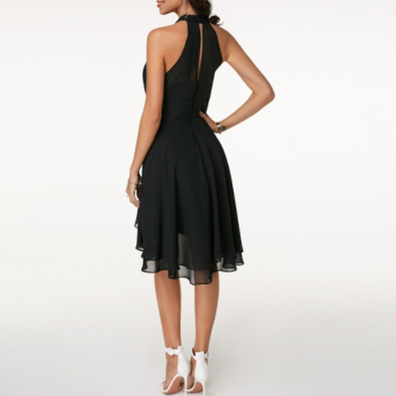 Wholesale-WEPBEL Women Dresses Ladies Wedding Party Halter Black Layered Cutout Back Sleeveless Chiffon Dress Plus Size S-5XL