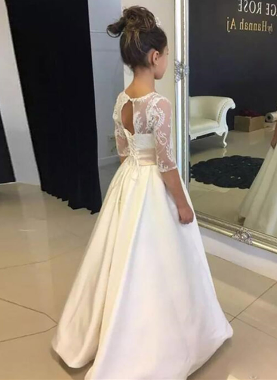 Flower Girl Dresses for Wedding Party First Communion Satin Bow Lace Half Sleeve A-line Princess Kids Robe