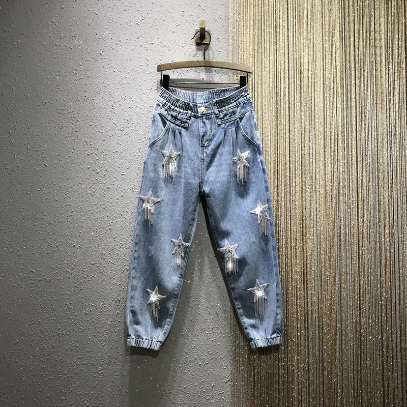 European Five-pointed Star Rhinestone Tassel Beaded Elastic Waist Loose Harem Beam Feet Denim Nine-point Jeans Women, Blue
European Five-pointed Star Rhinestone Tassel Beaded Elastic Waist Loose Harem Beam Feet Denim Nine-point Jeans Women, Blue