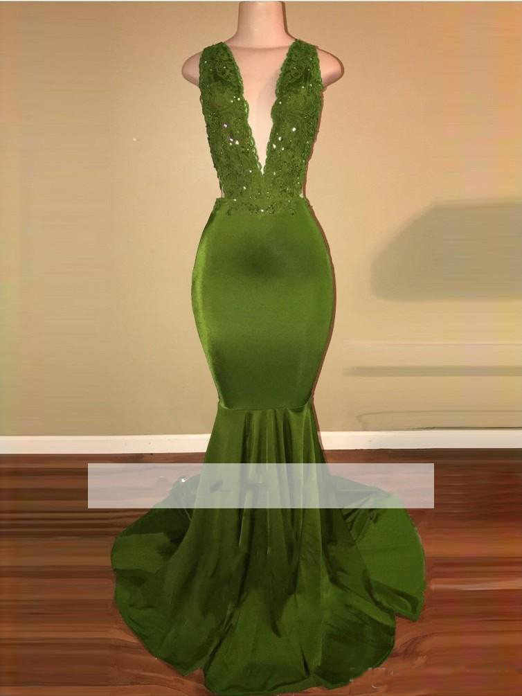 New Arrival Mermaid Olive Green Prom Dresses Long Lace Sequin Backless Deep V Neck Party Dress 2019 Sweep Train Evening Gowns