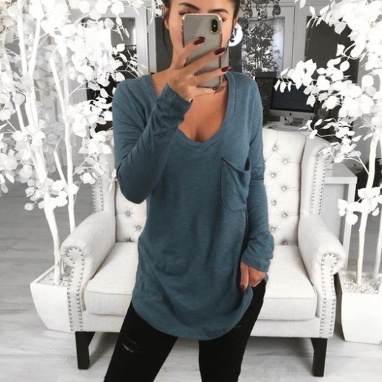Spot 2021 European Spring and Summer Fashion Long Sleeve Sexy V-neck Solid Color Turtleneck T-Shirt Support Mixed Batch