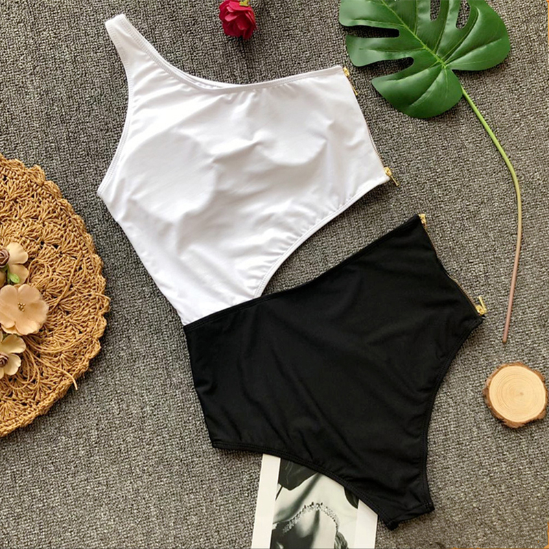 2019 Sexy White black One piece Swimsuit Women Hollow out Monokini Swim suits Trikini Swimwear Zipper Sexy Bathing Suit Female Y200613