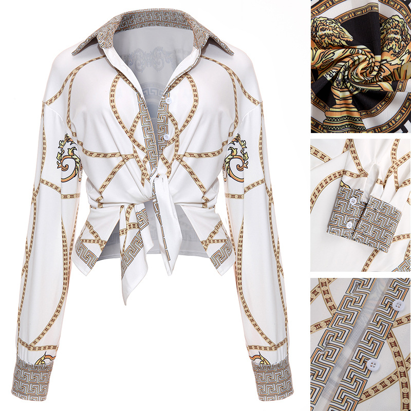 New Autumn Deep V Neck Full Long Sleeve Blouse Shirt Women Gold Chain Printed Tops Causal Female ClubWearTop Basic Shirt