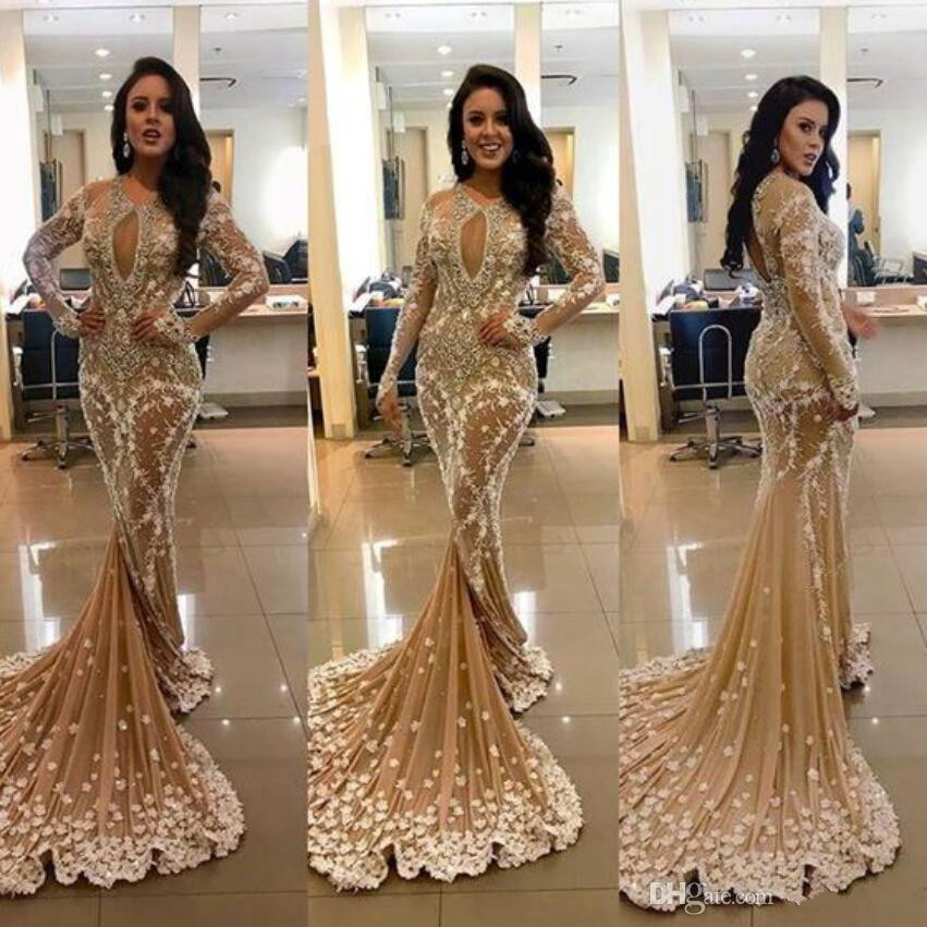 Sexy Mermaid Lace Prom Dresses Beads Long Sleeves Evening Dress Keyhole Neck Fashion Gold Formal Gowns Vestido De Festa