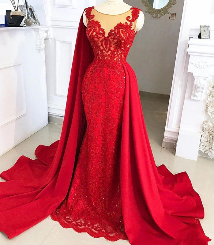 Red Lace Stain Mermaid Evening Pageant Dresses with Long Cape 2020 Modern Overskirt African Sheer Neck Occasion Prom Gowns