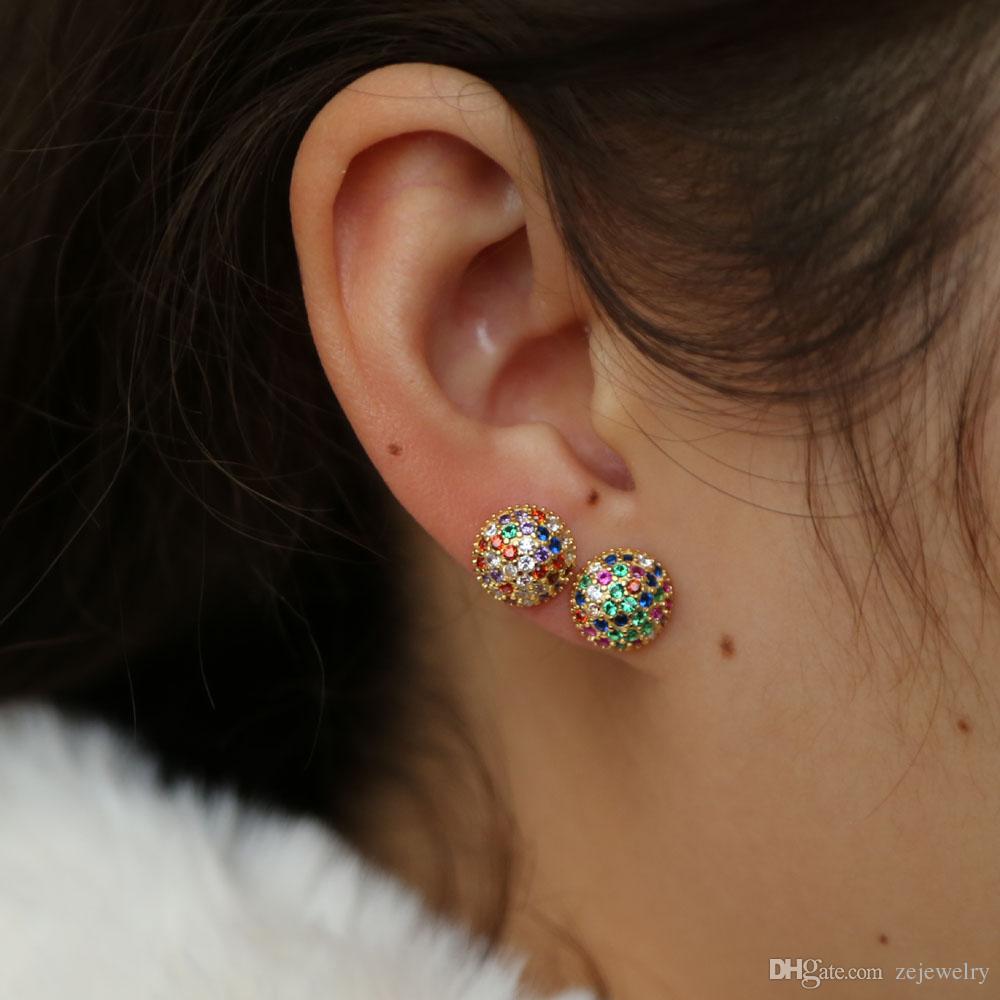 geometric ball round stud earring 2019 women fine 925 sterling silver colorful rainbow cz paved classic simple fashion jewelry