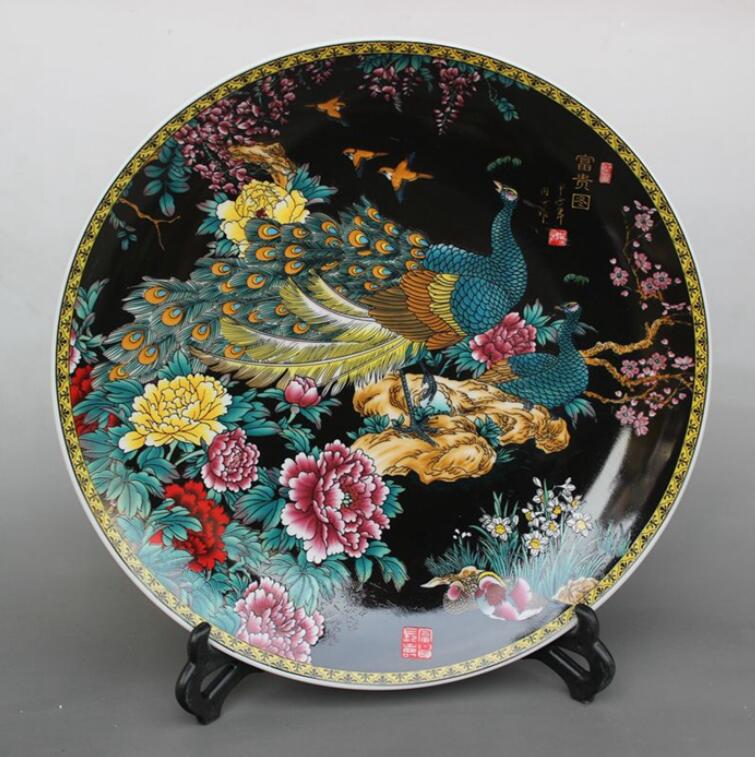 

Wholesale New Jingdezhen Porcelain Ming and Qing Dynasty Decoration Plate Antique Black Peacock Rich