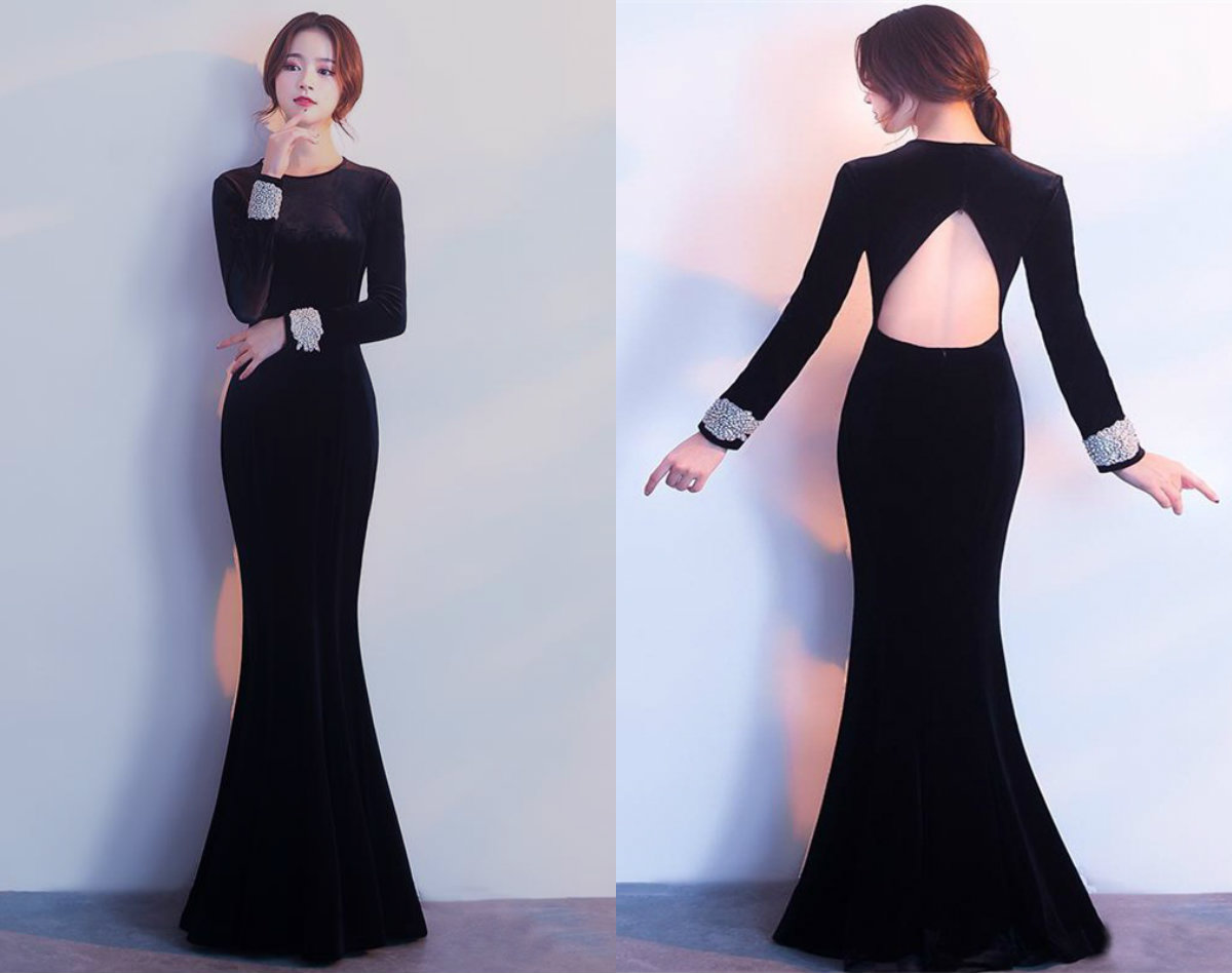 black mermaid evening dresses jewel long sleeve satin beaded formal bridal gown custom made back hollow sweep train pageant gown