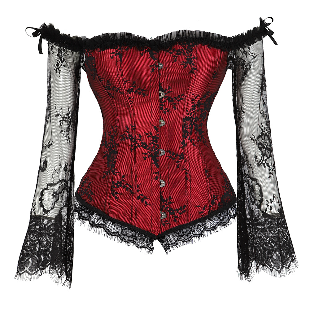 Halloween Victorian Floral Lace Long Flare Sleeve Lolita Ruffle Bridal Corset Push up Bra Bustier Burlesque Party Dancing Corset with Sleeve