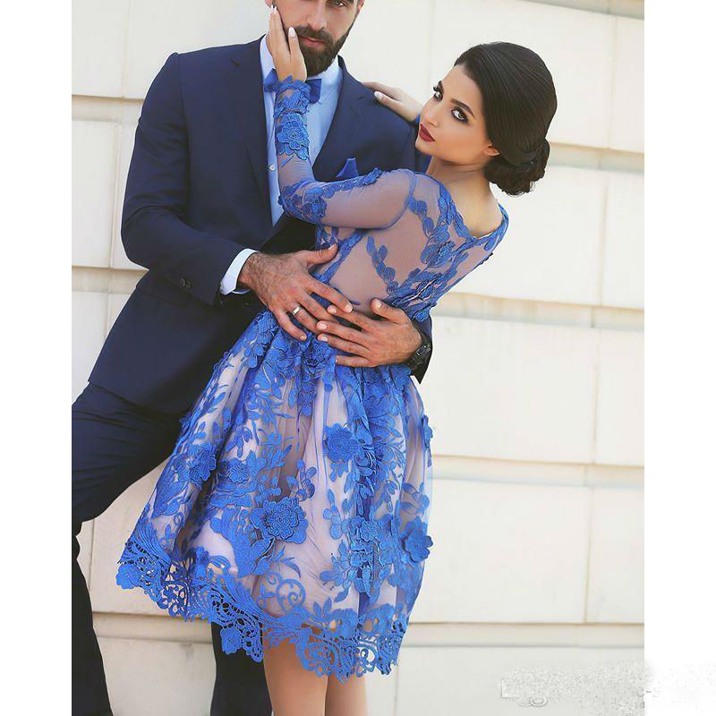 2019 Royal Blue Lace Applique Short Prom Dresses Illusion Long Sleeve Cocktail Party Dresses Knee Length Homecoming Prom Gowns vestidos